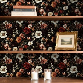 Livelynine Vintage Dark Floral Wallpaper Peel and Stick Dark Green White Black Burgundy Red Rose Flower Wallpaper Self Adhesive Moody Floral Contact Paper for Cabinets Drawers Christmas 17.5x78.8