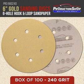 ProductionShop Premium 240 Grit 6" Gold Sanding Discs, 6-Hole Pattern, Box of 100 - Dustless Hook & Loop Backing Sandpaper for DA & Random Orbital Sanders, Sand Auto Paint, Wood Woodworking Furniture