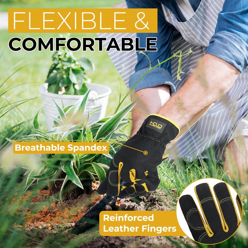 HANDLANDY Men Leather Gardening Gloves, Utility Work Gloves for Garden