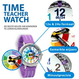 Kiddus Learning Watch for Kids Boys and Girls Analogue Watch with Time Learning Exercises Time Teacher Dutch Purple, Dutch Pairs, Strap.