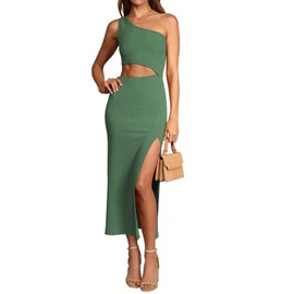 Pink Queen Women's Summer One Shoulder Bodycon Cutout Dresses Party Wedding Club Knit Midi Dresses Green S