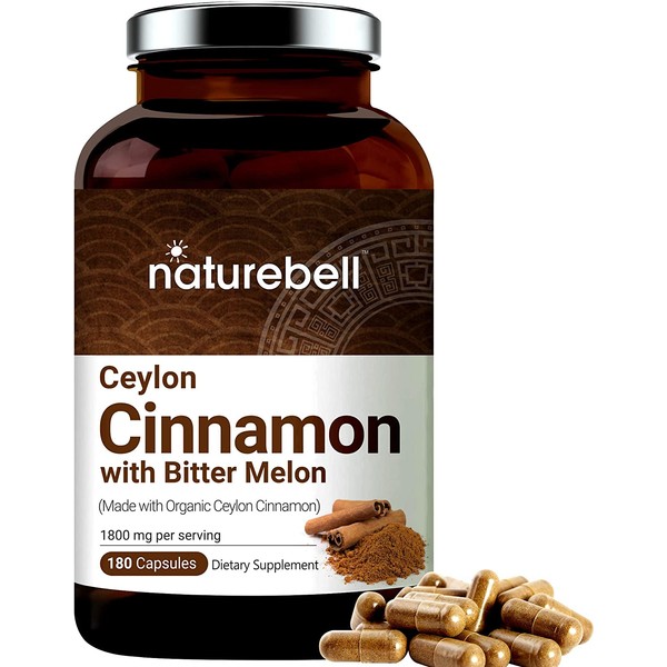 Ceylon Cinnamon Capsules (Made with Organic Sri Lanka Ceylon Cinnamon and Bitter Melon), 2 in 1 Formula, 1800mg Per Serving, 180 Capsules, Healthy Joint Support, Anti-inflammatory & Antioxidant
