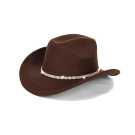 Women-Men Classic-Western Cowboy-Hat - Wide-Brim Pu Leather Cowgirl Cap Fedora Hats with Buckle Outback for Outdoor (22"), Brown With Rhinestone Band, M