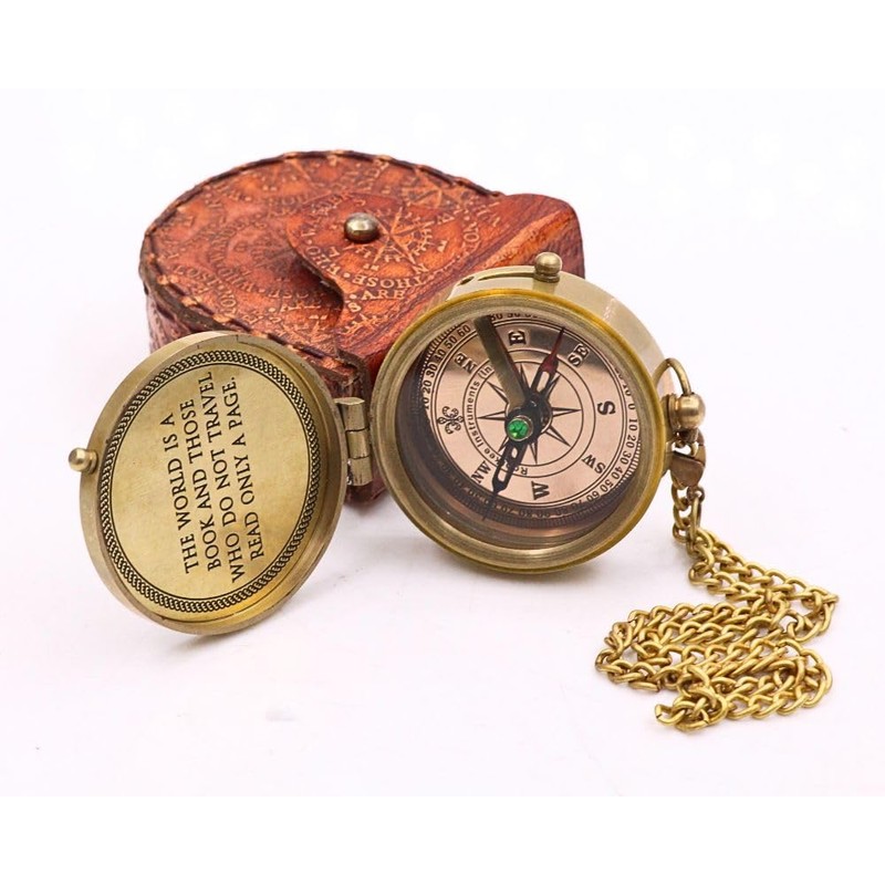 The world is a book.. Quote Solid Brass Compass With