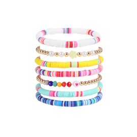 Rainbow Heart Beaded Polymer Clay Pearl Bracelet for Women Clay Heishi Beaded Stretch Bracelets Surfer Polymer Vinyl Disc Clay Stackable Friendship Bracelets Summer Beach Jewelry Gifts-B