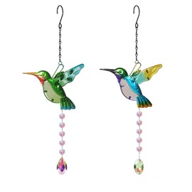 2pcs Hummingbird Sun Catcher Crystal Pendant,Stained Glass Window Hanging Ornament,Pendant Hummingbird Chandelier Prismem for Home Office Garden Decoration,Crystal Prism Ornament（Blue + Green）