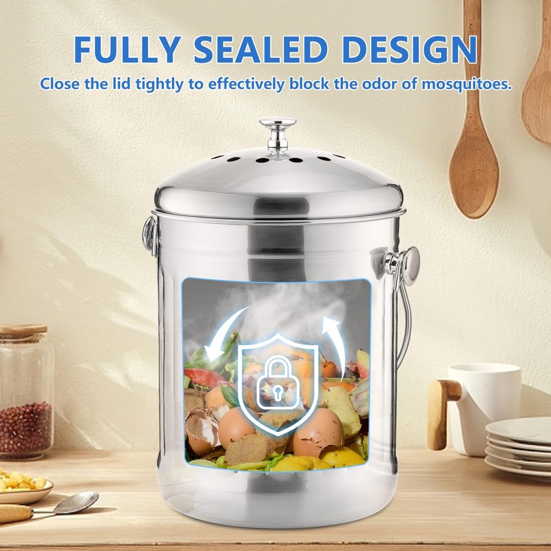 ENLOY Compost Bin for Kitchen Countertop, 1.3 Gallon Stainless Steel