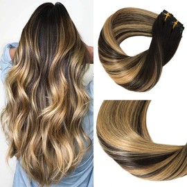 HUAYI Caramel Highlights On Black And Natural Black Hair 120g 7Pcs Clip In Hair Extensions Human Hair Double Weft Thick End For Full Head No Tangle Silky Straight Balayage Hair (1271B#20'')