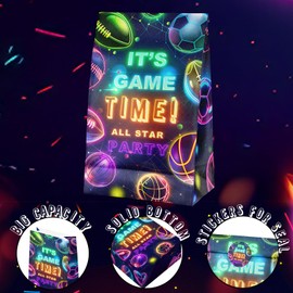 24 Pcs Neon Sports Goodie Bags with Stickers - Neon Sports Themed Birthday Party Favor Bags, Perfect for Kids' Sports Party Supplies and Treat Bags