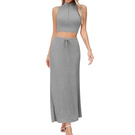 Missufe Women's 2-Piece Outfits Summer Sleeveless Crop Top and Long Maxi Skirt Knitted Zip Set Two Piece Suit, grey mixed