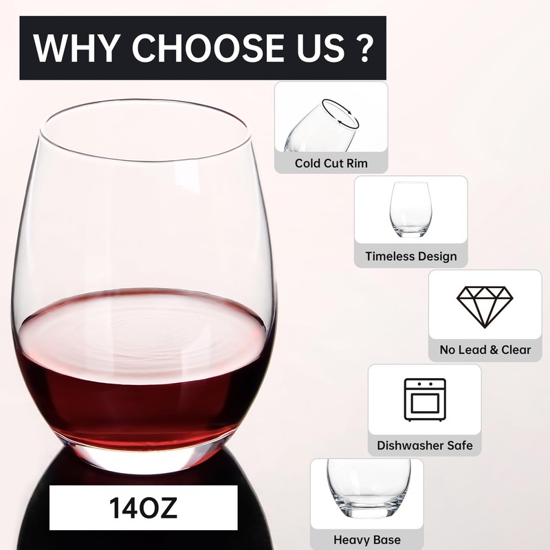 UMI UMIZILI Stemless Wine Glass Set of 12, 14OZ Wine