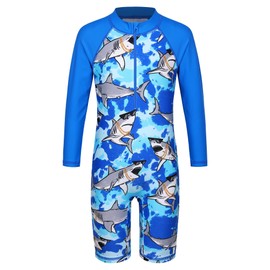 TFJH E - Traje de baño para niños, protector contra erupciones, traje de baño para niños de 50 años, protección solar UV, cierre de una pieza, C Royalblue Sharklong, 5-6 Años