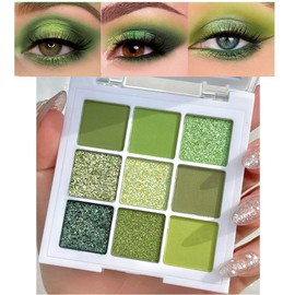 evpct 9 Colors Green Glitter Shimmer Eye Shadow Makeup Palette Light Bright Emerald Dark Avocado Neon Green Highly Pigmented Waterproof Matte Glitter Shimmer Pearl Party Sparkling Eyeshadow Palette
