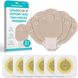 Vive 21 PCS Colostomy Bags - Two Piece Drainable Ostomy Pouch for Colostomy, Ileostomy - Odor Resistant, Skin-Friendly Ostomy Supplies for Stoma Care (Hook & Loop System) (Tan)