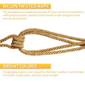 5 mm 27 Yards Nylon Threads Braided Trim Rope, 3-Layer Metallic Twisted Cord Rope, Trim Thread String Twisted Cord Rope for Home Decor Upholstery Curtain Tieback Honor Cord (25 m, Gold)