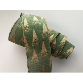 Christmas Ribbon, Green with Gold Trees, 2 1/2" Wide, Wired Edge, 5 YARDS