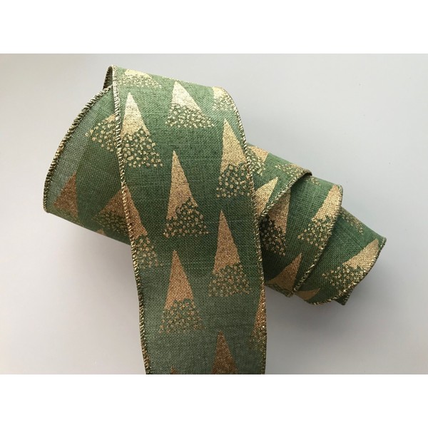 Christmas Ribbon, Green with Gold Trees, 2 1/2" Wide, Wired