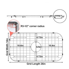 Sink Protector Grid 26-1/16" x 14-1/16", Rear Drain with Corner Radius 3-1/2", 304 Stainless Steel Material Rear Drain