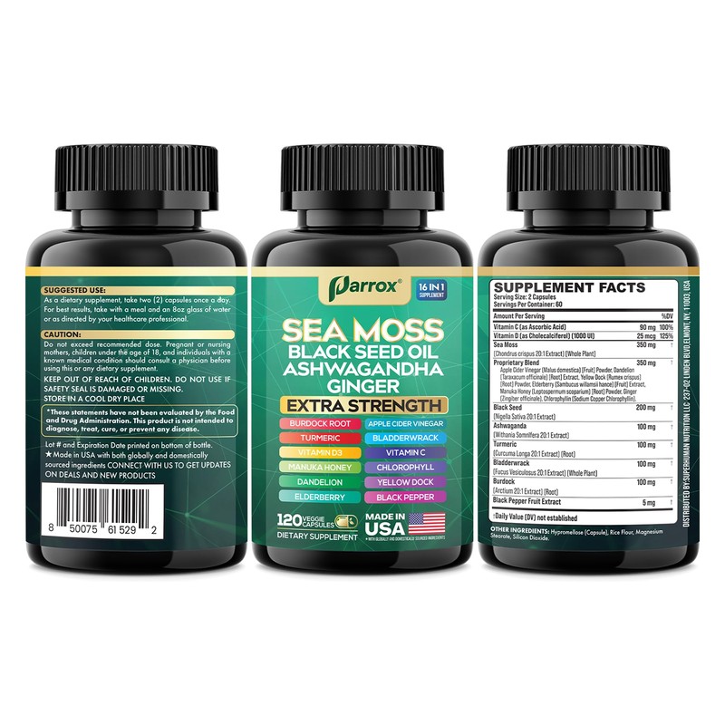 Parrox Sea Moss, Black Seed Oil, Ashwagandha, Turmeric, Chlorophyll, Dandelion,