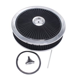 BestParts 14" X 3" Round High Flow Washable Air Cleaner Filter Assembly w/Chrome Flow-Thru Lid Caburetor Lid Black Compatible with Ford Mopar GMC Chevy SBC BBC