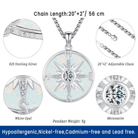 Compass Necklace for Women Men Sterling Silver 925 Compass Pendant Compass Jewelry White Opal Necklaces