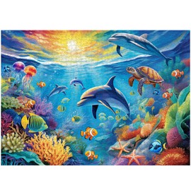 Ocean World Puzzles for Adults 1000 Pieces, Sea Turtle Dolphins Underwater World Jigsaw Puzzles, Undersea Animal Puzzle as Ocean Landscape Art