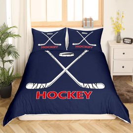 Ice Hockey Bedding Set Twin Size,Abstract White Hockey Cue Duvet Cover Set 2pcs for Kids Boys Men Room Decor,Ball Sports Gaming Comforter Cover Modern Navy Blue Quilt Cover,1 Pillowcase