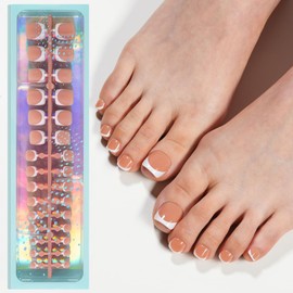 Vansiho Press on Toenails Short, Brown White French Tips Toenail Press on Square for Women, Soft Gel Fake Toenails, Acrylic Nails Soak off Toenail Home DIY 15 Sizes