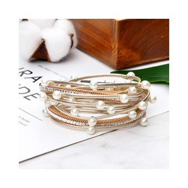 Fesciory Leopard Bracelet for Women, Boho Leather Wrap Multi-Layer Pearl Crystal Bracelet Bangle Jewelry(Gold Pearl)
