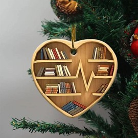 qiyifang Book Lovers Heart Ornament, Book Lovers Heart-Shaped Bookshelf Ornament Tree Pendant, Reading Book Hanging Ornament, Book for Her Librarian, Book Lover