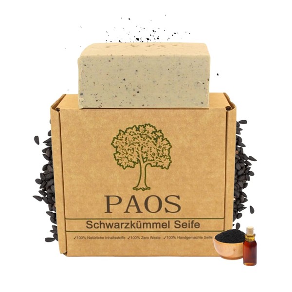 PAOS Black Cumin Oil Soap, Natural Soap, Acne Soap, Hair Soap, Approx. 150 g, Natural Product, No Chemical Additives, Recommended for Psoriasis, Eczema, Wrinkles
