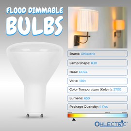 OHLECTRIC R30 LED Flood Light Bulbs - GU24 Base LED Bulbs with Power Rating of 8 Watt and 120 Volts - Dimmable LED Bulbs - 25000 Lighting Hours, 2700K Soft White, Pack of 4 - OL-46238