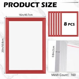 Zonon 8 Pieces 16x20 Inch Aluminum Silk Screen Printing Frames with 160 White Mesh White Polyester Screen and Red Glue Pre-Stretched Silk Frame for DIY T-Shirt Printing