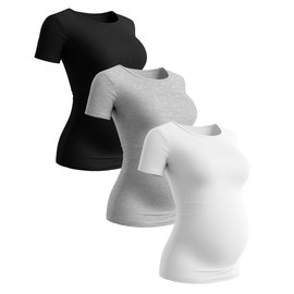 Ficerd 3 Pack Women's Maternity Shirts Short Sleeve Ribbed Pregnancy Tops Crew Neck Basic Tees Summer Mama Clothes(White, Light Gray, Black,Medium)