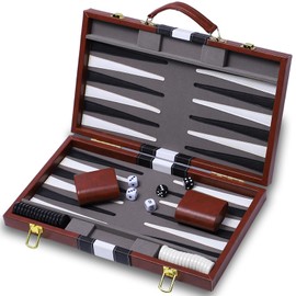 Backgammon Sets for Adults-15 inch Backgammon Brown Sets Classic Board Game with Premium Leather Case, Portable Travels Strategy Backgammon Game Set for Adults, Kids(Brown)
