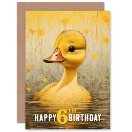 Artery8 Kids Birthday Age 6 Cute Sweet Duckling Duck Pond Flowers For Child Girl Daughter Blank Inside Greeting Card