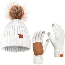 Womens Winter Beanie Hat Fleece Lined with Pom Pom,Warmer Faux Suede Touchscreen Gloves 2 in 1 Set for Cold Weather (US, Alpha, One Size, White Set 02)