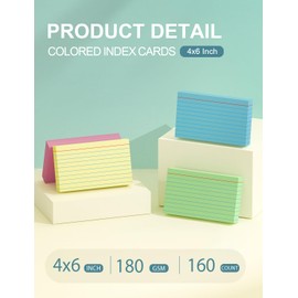Colored Index Cards 4x6 Inch - 160 Count, Ruled Index Flash Cards for Studying, Lined Index Note Cards 4 x 6 with Colorful, Heavy Colored Flashcards 4x6 Notecards for Office, Home and School Supplies