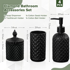 RYTOXILO Matte Black Bathroom Accessories Set, 4 Pack Black Bath Accessory Sets Complete, Diamond Glass Soap Dispenser and Toothbrush Holder Set for Bath Counter Decor Organizer Essentials
