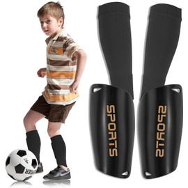 Football Shin Guards and Sleeves for Kids, Shin Pads and High Elastic Long Soccer Socks for 9-13 Years Boys Girls Children, Kids Football Socks for Football Games Leg Calf Protective Gear (Black)