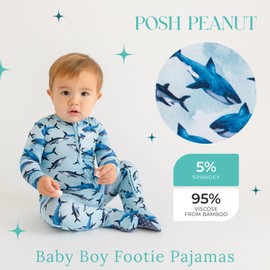Posh Peanut Baby Boy Footie Pajamas - Soft Viscose Made from Bamboo 2 Way Zipper Sleepers & Onesies with Non-SlipGrips for Newborns to Toddlers (Newborn / 0-3 Months) Sharks