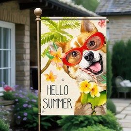 BlissYard Hello Summer Garden Flag Corgi Dog 12×18 Inch Double Side Sunglasses Tropical Flowers Spring Summer Farmhouse Welcome Yard Flag Seasonal Outdoor Decor Decoration