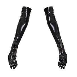 YUDATPG Women Long Gloves PU Leather Stretchy Faux Leather Daily Costume Opera Party Evening Ruffled Elbow Gloves Cosplay Wedding, black, XL