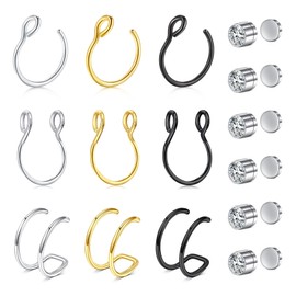 VCMART Fake Nose Ring Hoop Fake Septum Fake Nose Ring Faux Fake Nose Ring Piercing Nose Cuffs for Non Pierced Nose Clip on Nose Ring Jewelry for Women Men Silver Black Gold