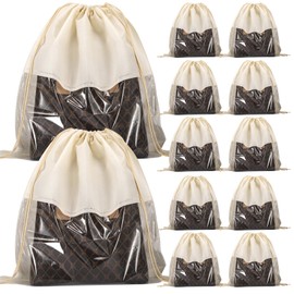 PLMMOUT 12 PCS Dustproof Drawstring Bags,Breathable Non-Woven Fabric Drawstring Dust Covers,Storage Bags Dust Bag for Handbags Shoes Purses,Beige
