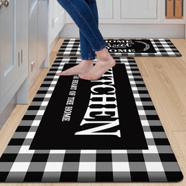 MAYHMYO Buffalo Plaid Kitchen Rugs Sets of 2 Black and White Kitchen Mat Anti Fatigue Sweet Home Waterproof Comfort Mat for Kitchen Sink Floor Laundry Office