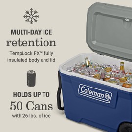 Coleman Classic Series Insulated Portable Rolling Cooler with Wheels, Leak-Resistant Outdoor Hard Cooler Keeps Ice up to 5 Days, 62-Quart