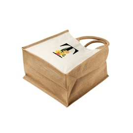 Monogram Initial Canvas Jute Tote Bags for Women - Cotton Shoulder Bags, Reusable Bags for Shopping, Gift bags, Book Bag, Travel Bag, Shopper Bags - Floral Letter T - Natural - L