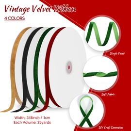 4 Rolls 100 Yards Christmas Velvet Ribbon 3/8 Inch Single Face Satin Vintage Velvet Ribbon Wide Solid Color Wrapping Ribbon for Gift Wrapping Christmas Wreath Decoration DIY Bow Craft Party Wedding