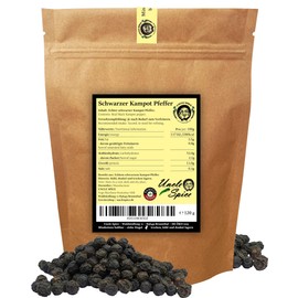 UNCLE SPICE® Black Kampot Pepper - 120 g Kampot Pepper Black - Premium Quality - Whole Sun-Dried Pepper Berries, Peppercorns Whole Hand-Picked for the Mill